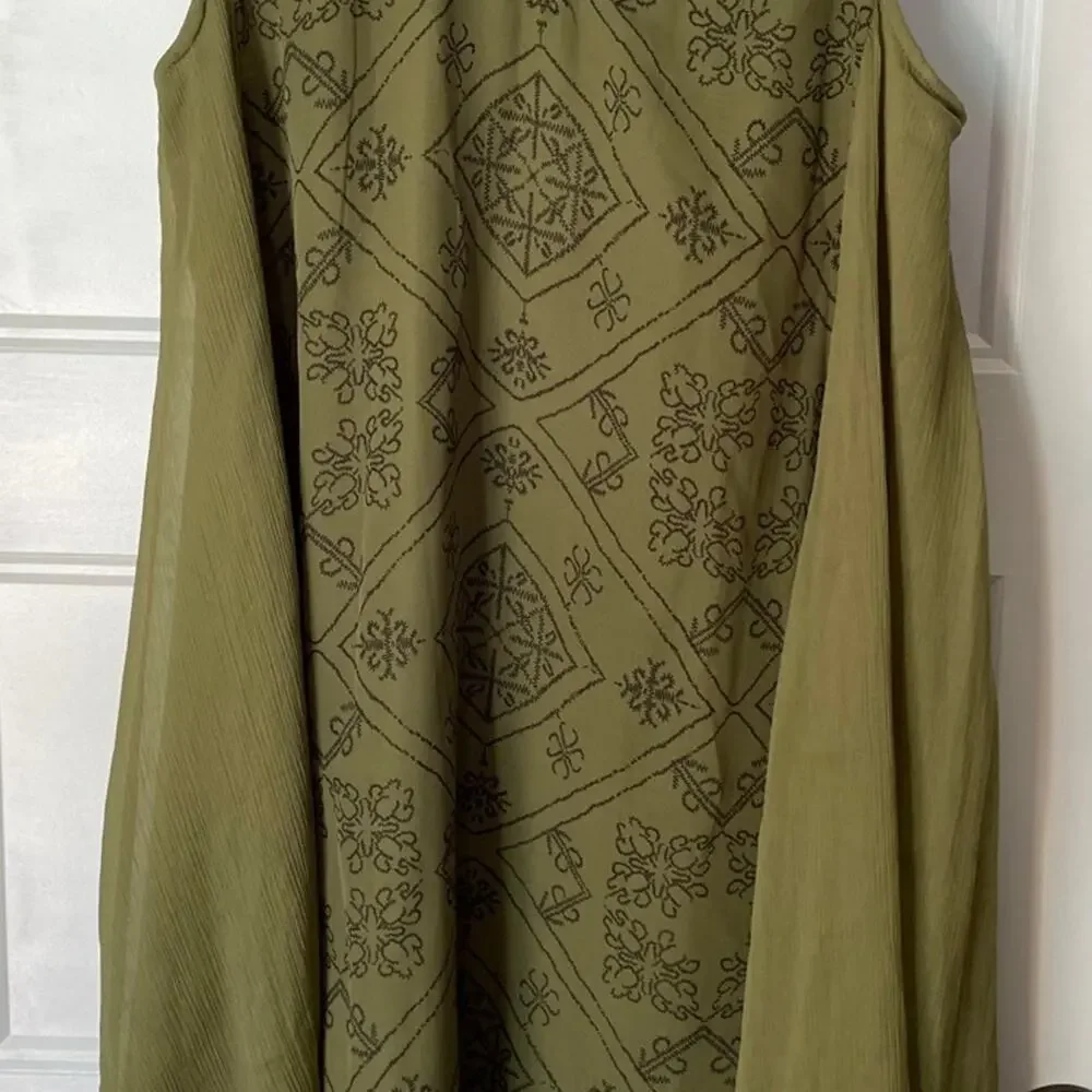 Free People Olive Green Chiffon Mini Dress Size XS Beaded V-Neck Collar